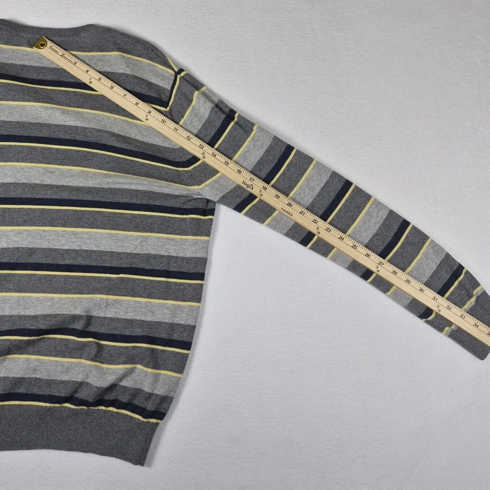 Banana Republic Sweater Men's Large Gray Striped 100% Cotton V-Neck Long Sleeve